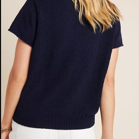 New Anthropologie Valentina Blue Short Sleeves Sweater Vneck Boucle Knit Top Tee - Picture 2 of 7